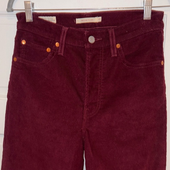 Levi’s Ribcage Flare Corduroy Button Fly Jeans Size 27 Burgundy - Picture 7 of 16